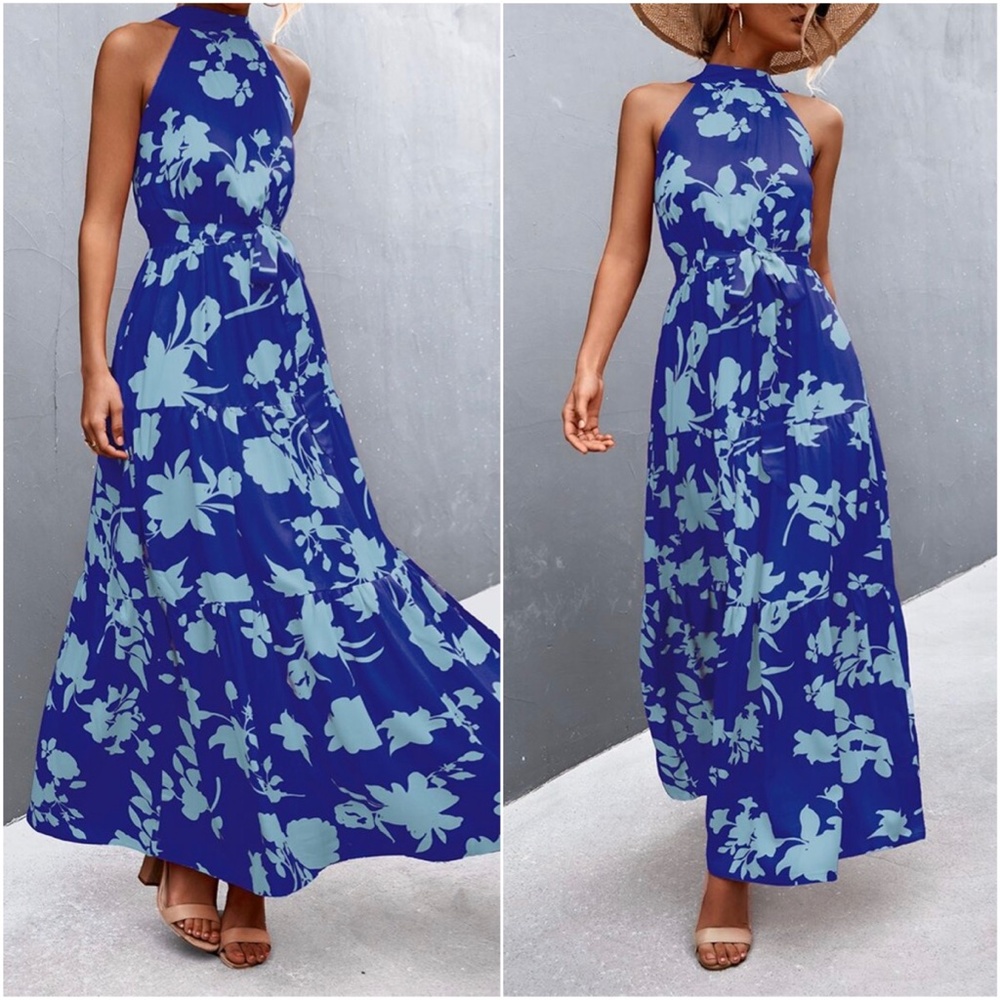 Boho Green Floral Print Halter Maxi Dress Cottagecore - Picture 3 of 5